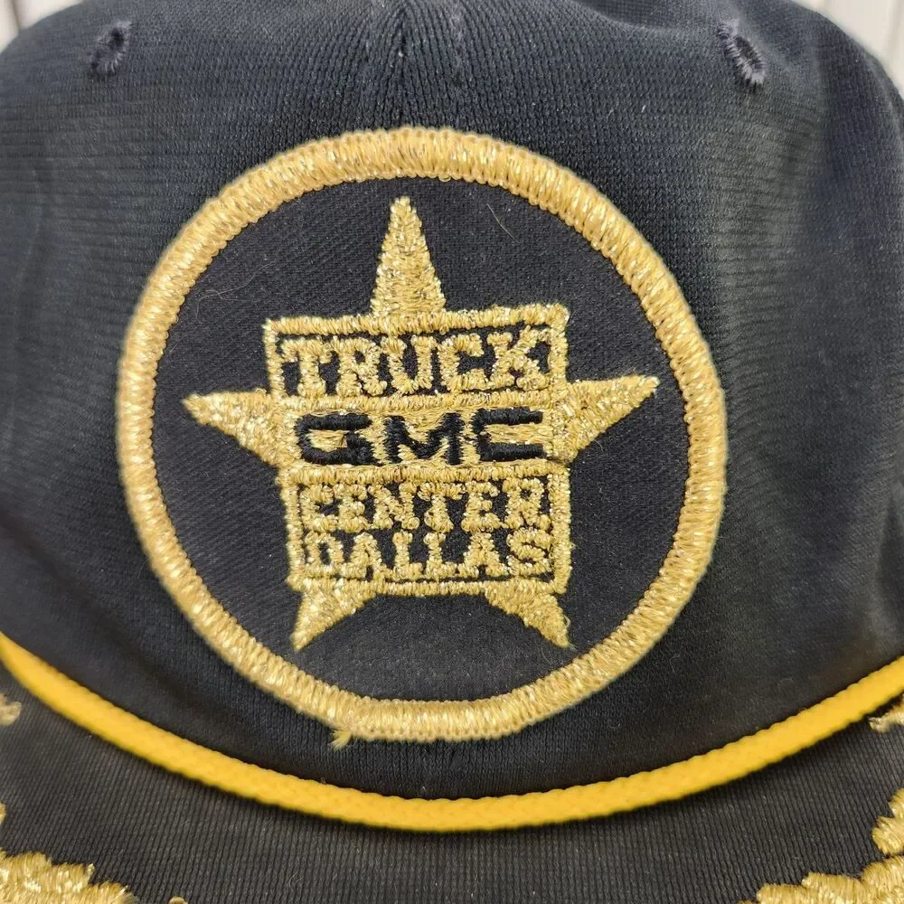 VTG GMC Truck Center Dallas Snapback Rope Hat Black Gold Embroidered Leaf USA